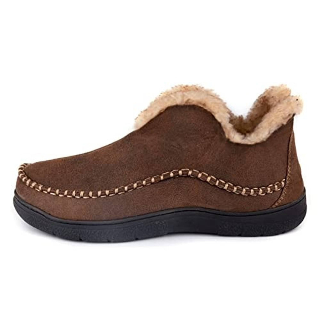 Brown moccasin bootie slippers with tan faux-fur collar and stitched edge, front view