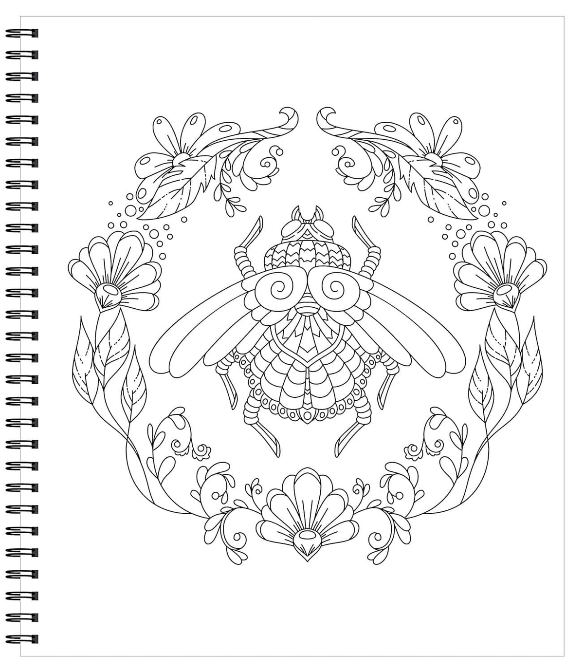 Spiral-bound garden coloring page with floral mandala design and leafy border