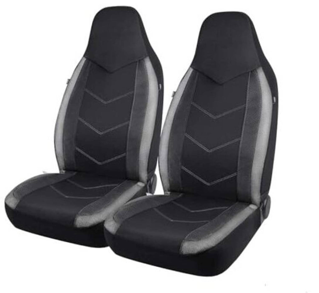 Set of two high-back front car seat covers, black with gray accents and chevron stitching