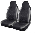 Set of two high-back front car seat covers, black with gray accents and chevron stitching