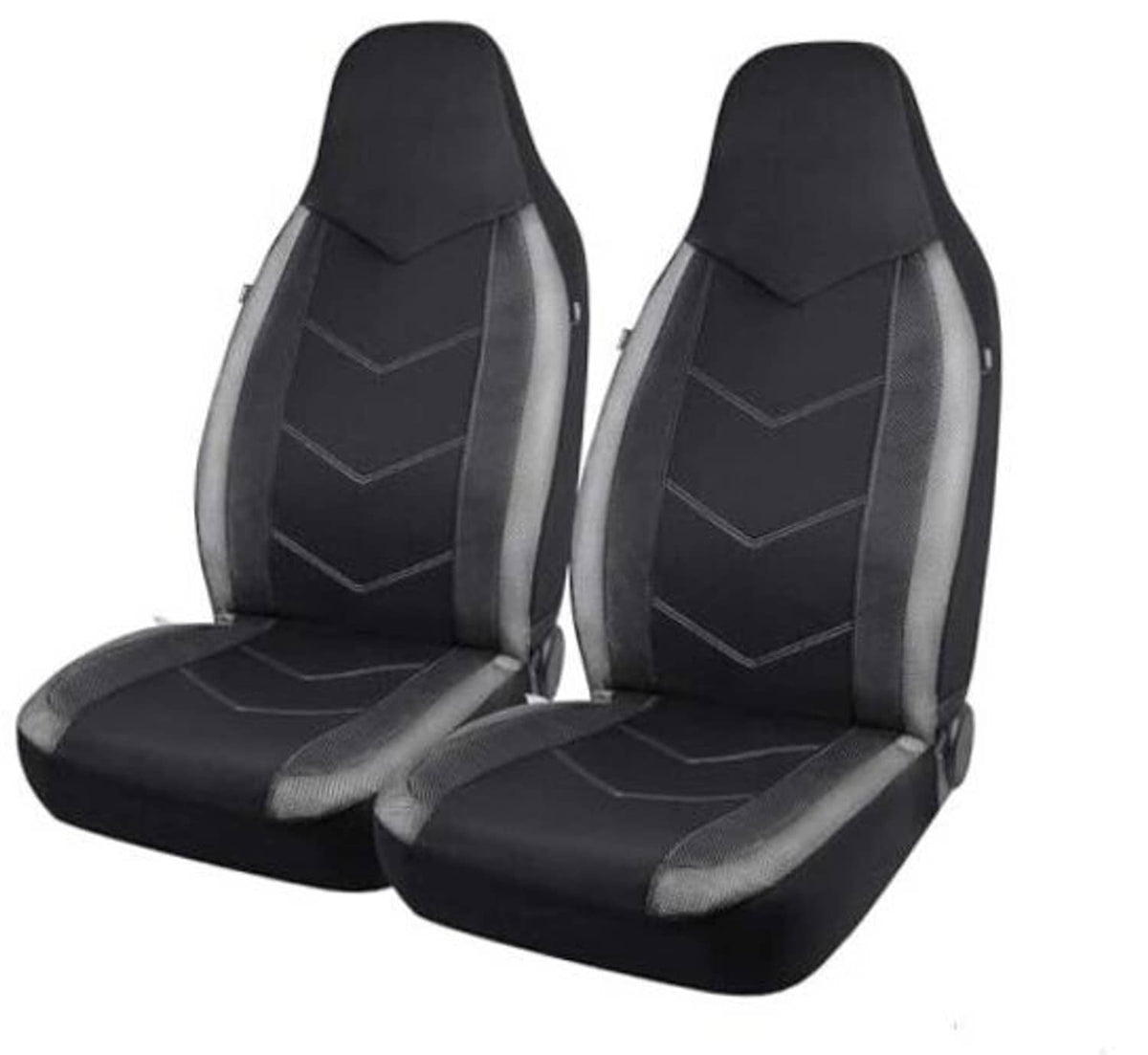 Set of two high-back front car seat covers, black with gray accents and chevron stitching