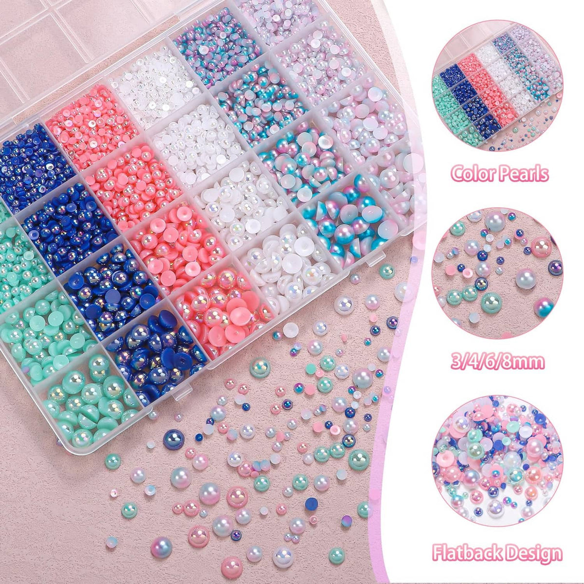 Flatback craft pearls in a divided organizer: blue, pink, white, and mint (mixed sizes)