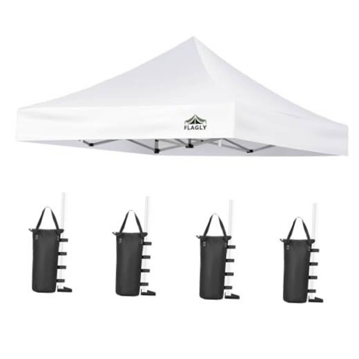 White pop-up canopy replacement top with center logo, with gray support frame