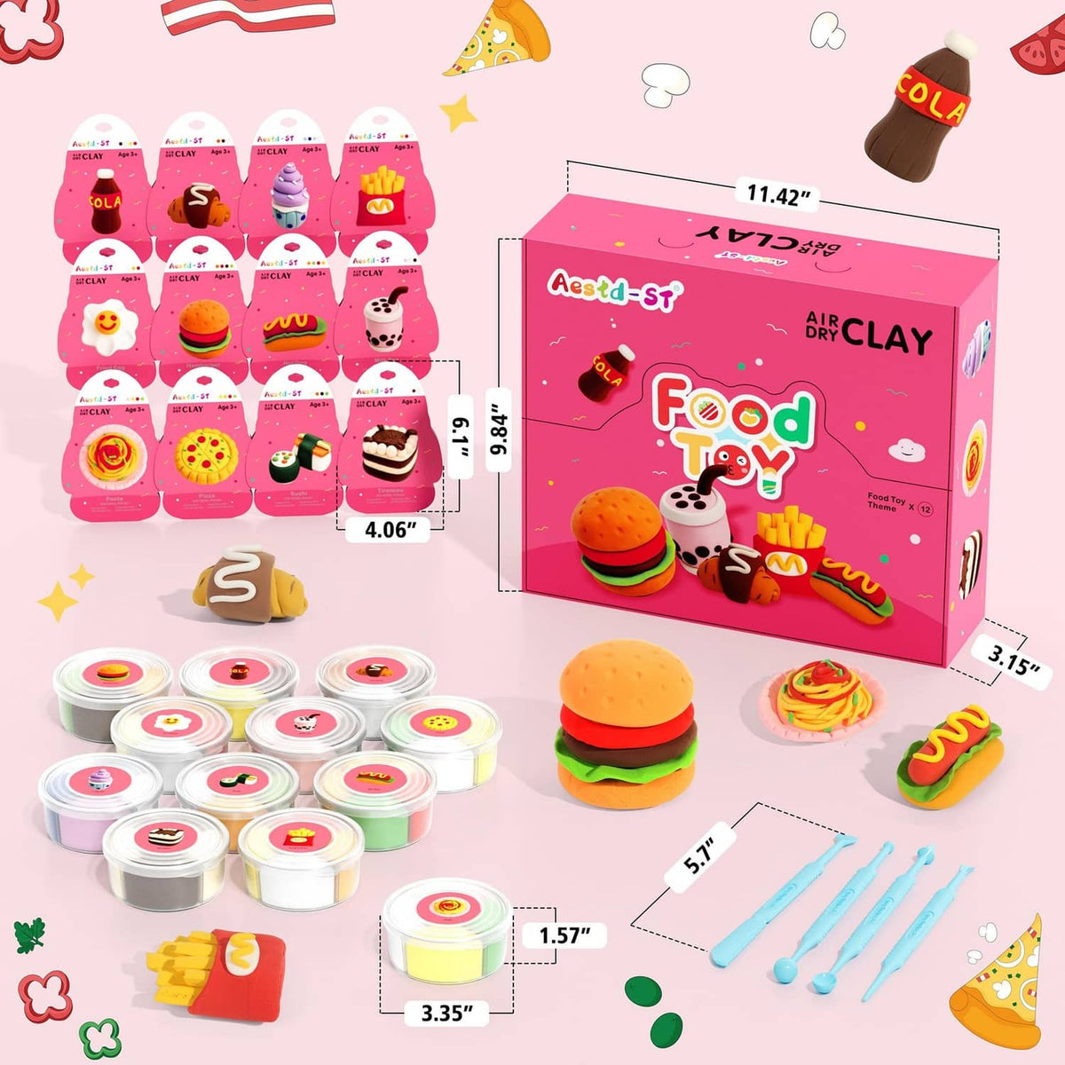 Air-dry clay kit with food toys: pink box, clay shapes, paint pots, and sculpt tools