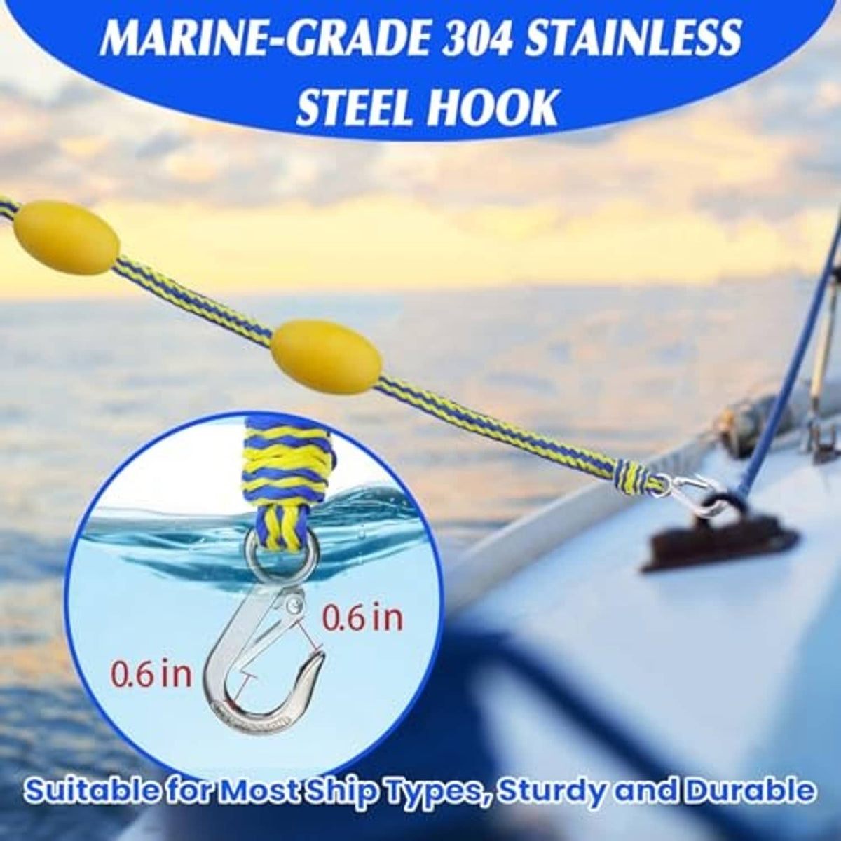 Floating tow rope with yellow float balls and stainless steel metal hook