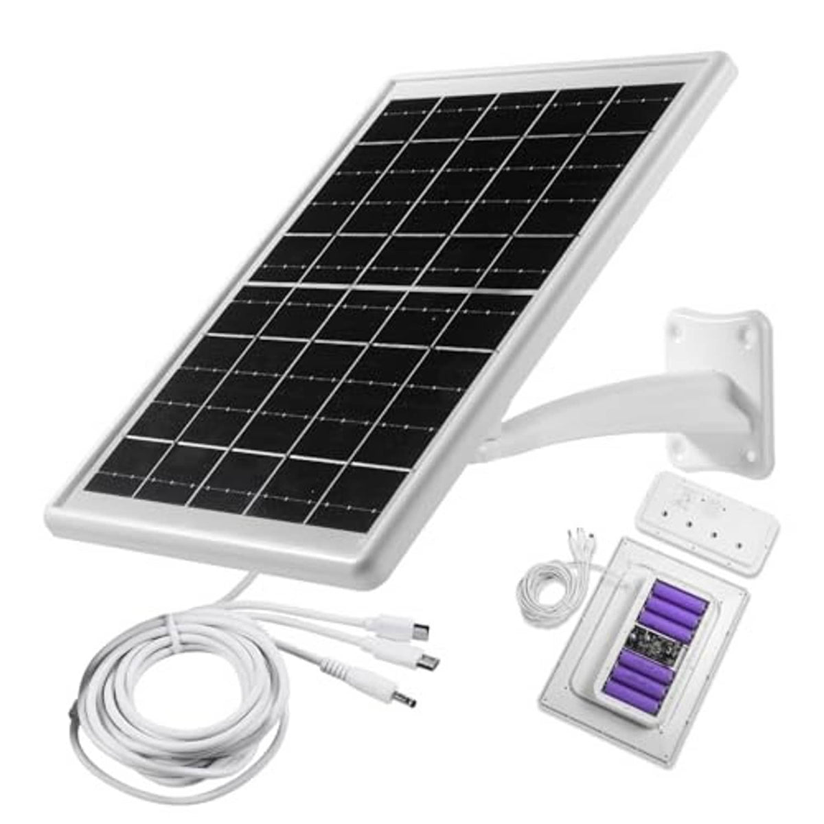 Solar panel charger kit with wall mount bracket, cables, and compact charging unit
