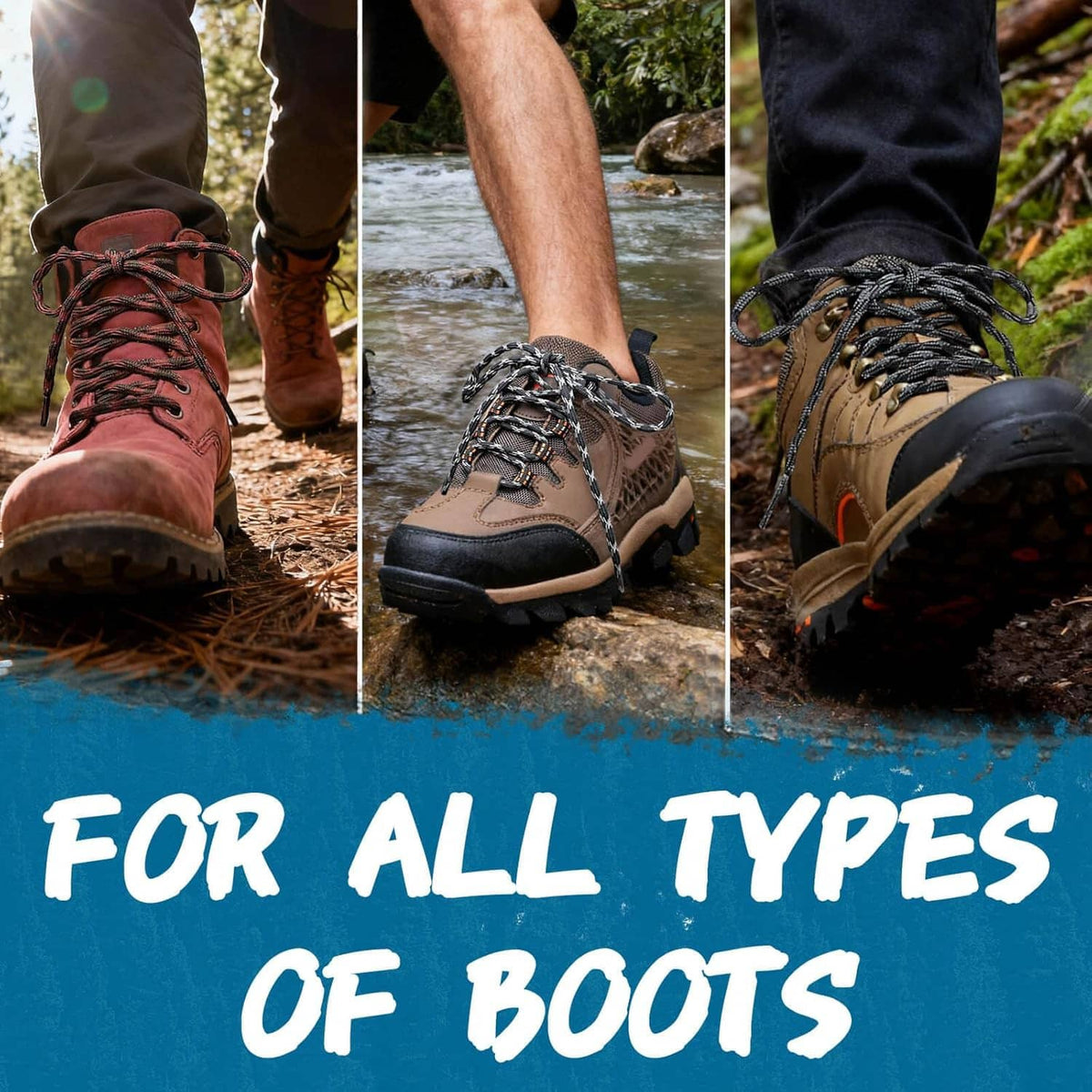 Trail boots with dark and tan round wave shoelaces, laces tied through metal eyelets