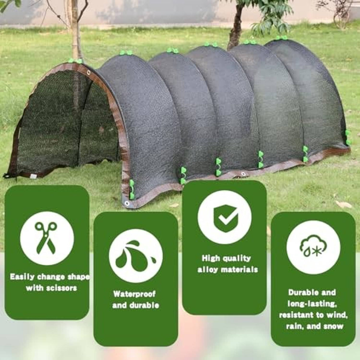 Grey greenhouse hoop shade cloth tunnels over raised beds with end panels and base ropes