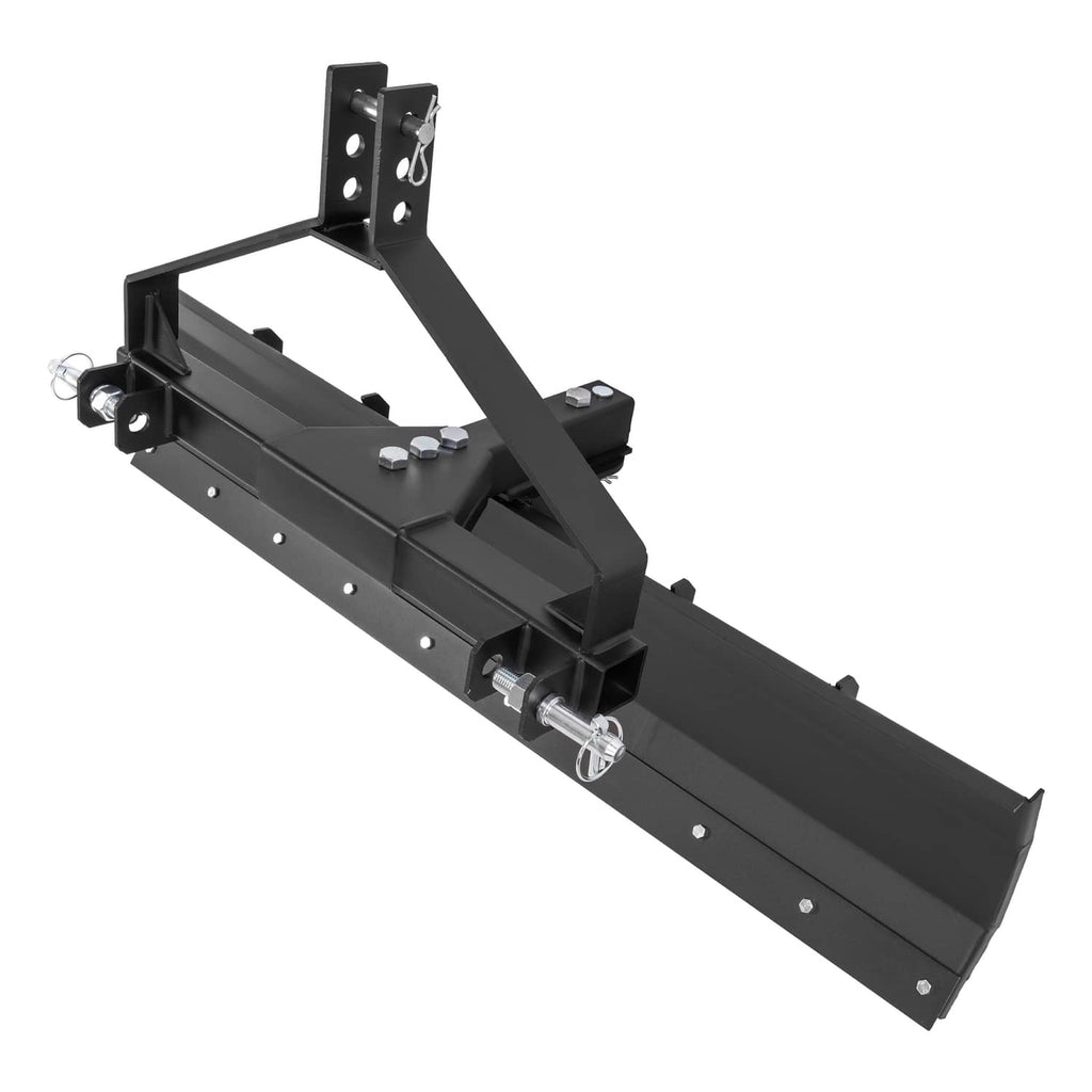 Black 52 in grading blade scraper with hitch frame, center pin, and side chain loops