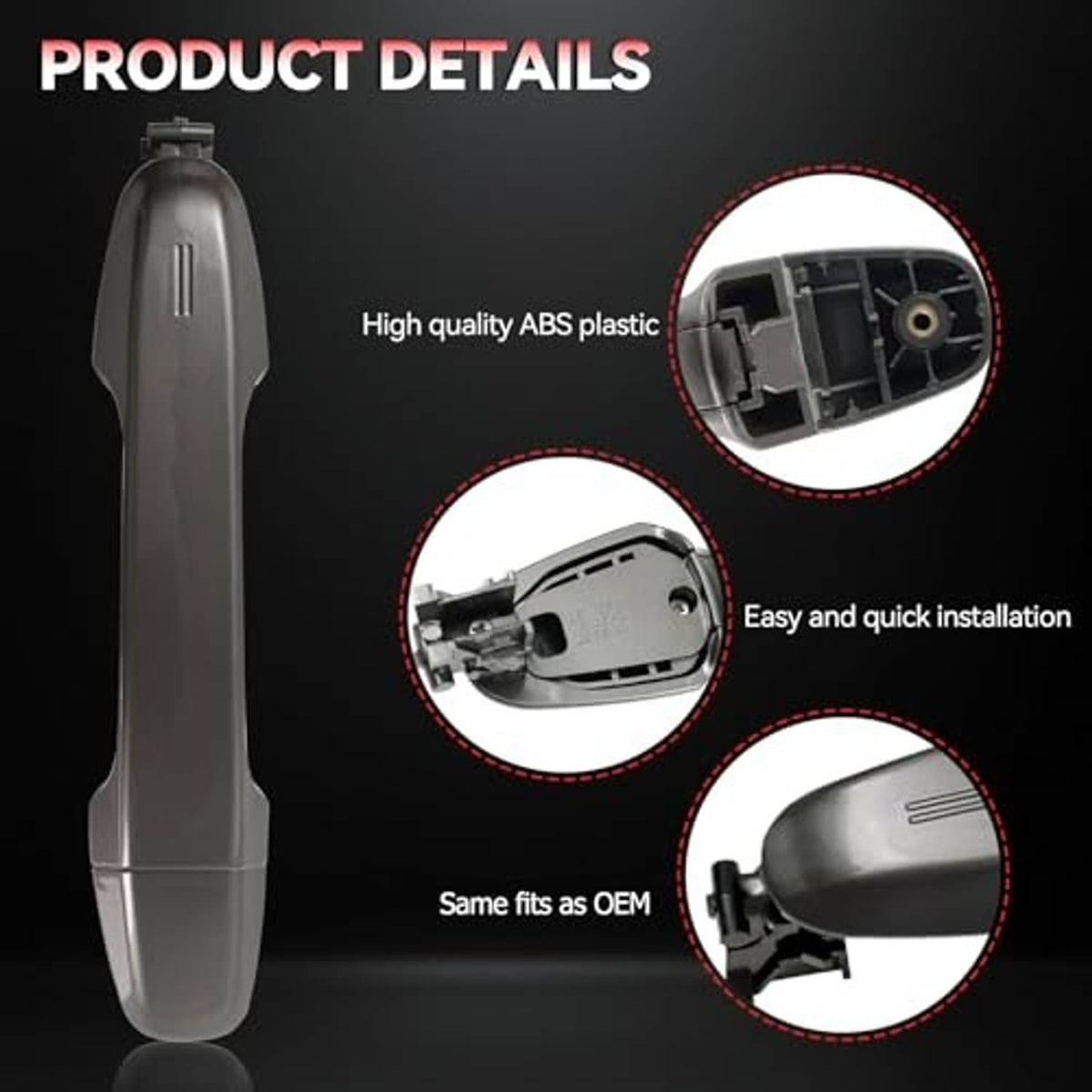 Gray rear left exterior door handle with ABS plastic build and installation clips