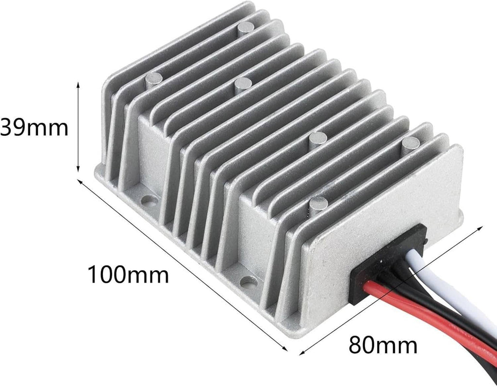 Aluminum DC step-down power converter with mounting holes and side wiring connection