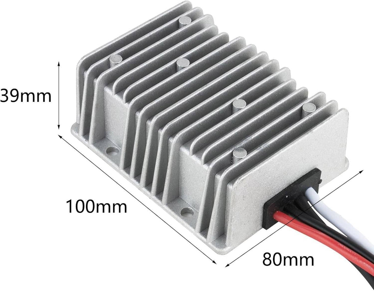 Aluminum DC step-down power converter with mounting holes and side wiring connection