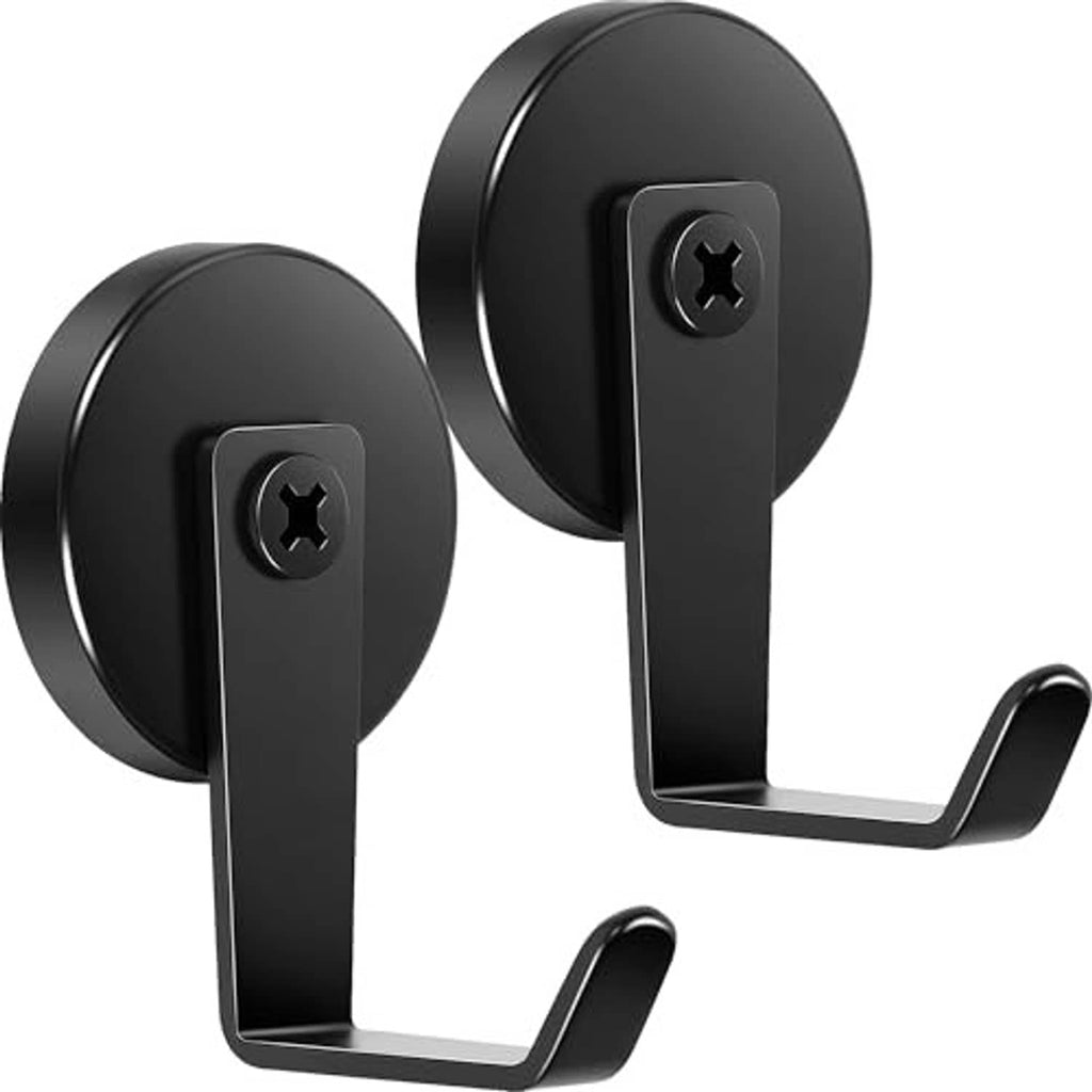 Two black magnetic hooks with circular magnet bases and curved steel tube arms