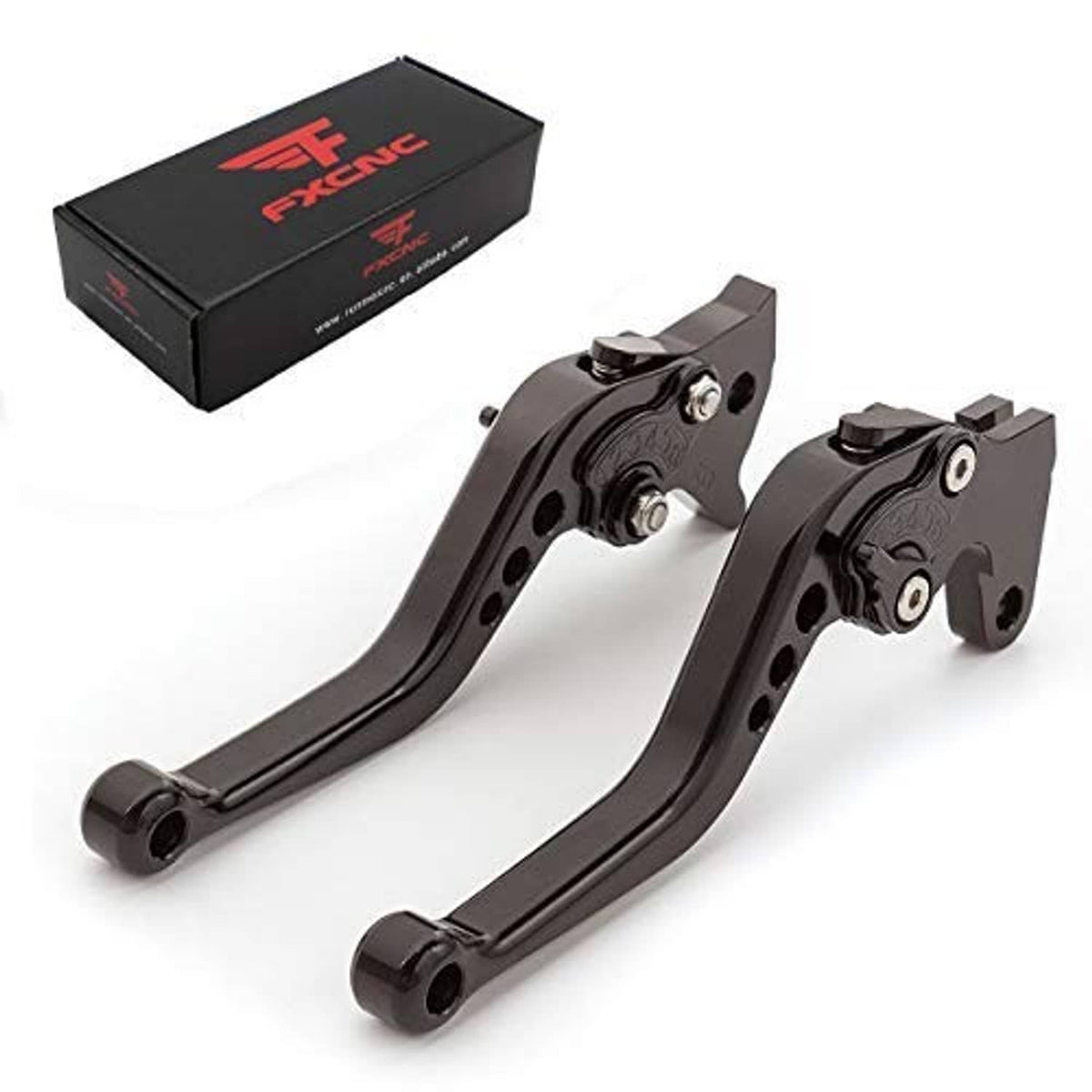 Pair of black adjustable motorcycle brake clutch levers with CNC details