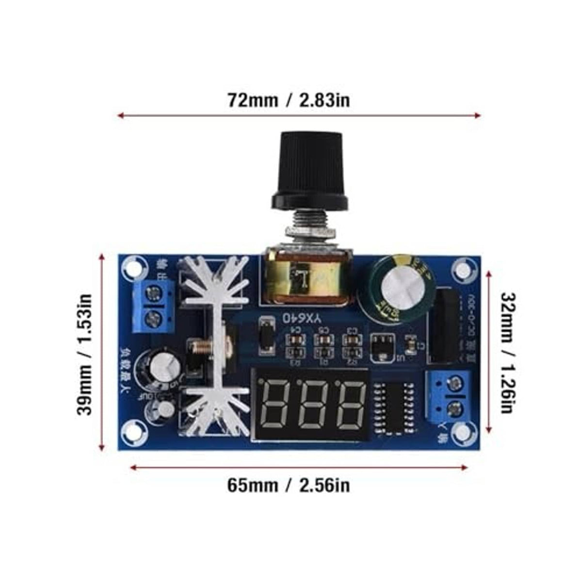 Voltage regulator module with black knob and LED display, shown with 72mm and 65mm dimensions