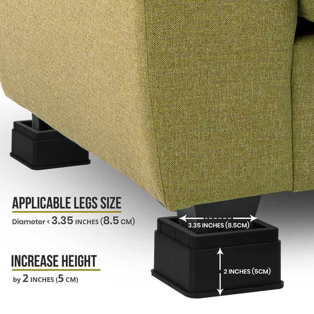 Black bed riser blocks showing 2 inch lift for 3.35 inch leg diameter