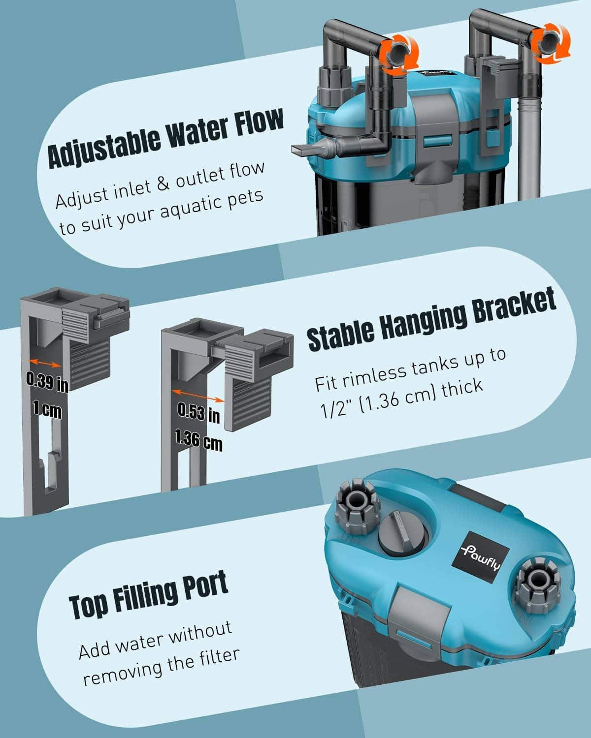 Hang-on-back aquarium filter with adjustable water flow knobs and stable hanging bracket