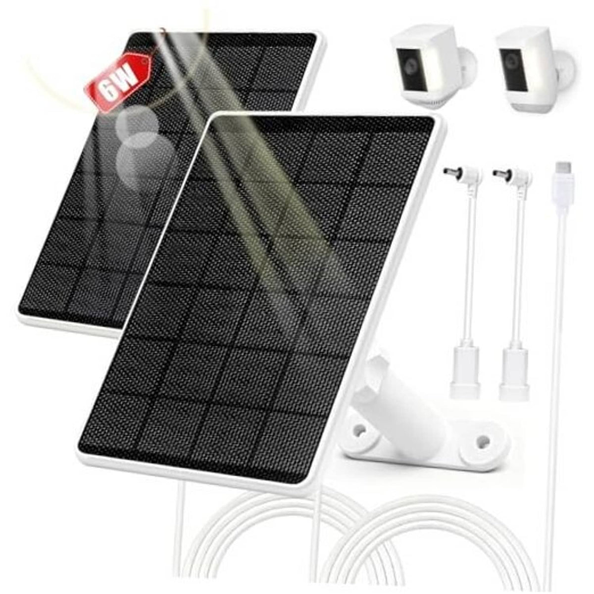 Two black solar panels with white camera mounts and bundled USB-C cables