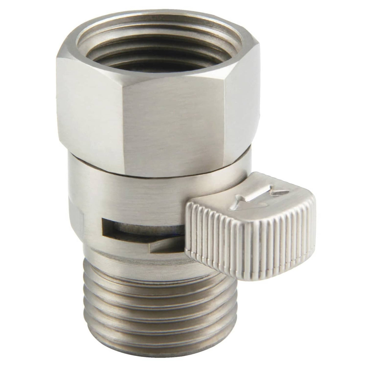 Brass shower flow control valve with knurled adjustment handle and female inlet threads