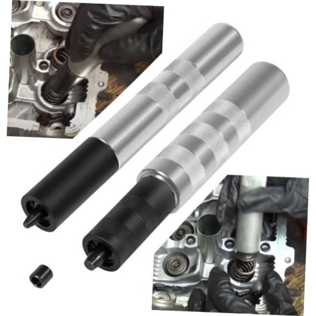Valve spring tool kit: two silver cylinders with black tips, plus small bushing