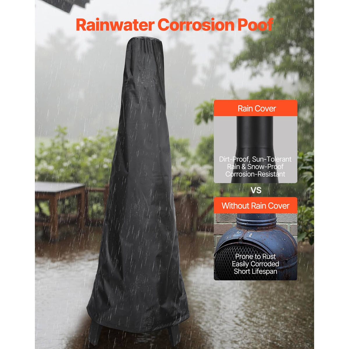 Outdoor chiminea firepit with tall chimney and black rain cover over the smokestack