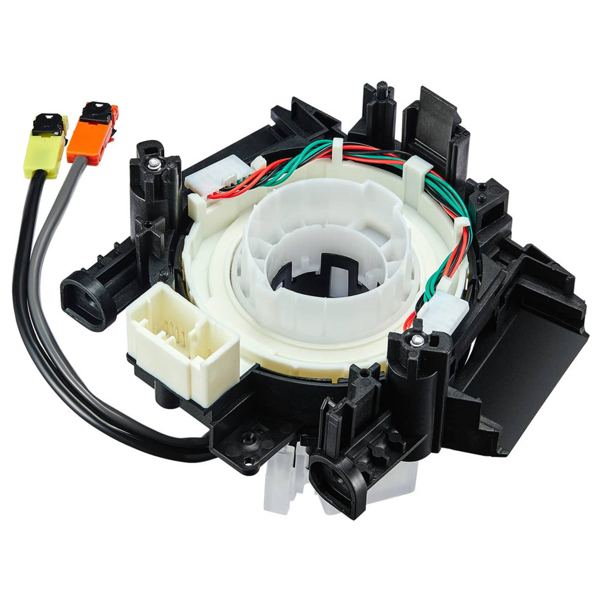 Clock spring spiral cable assembly with white center ring and black mounting clips
