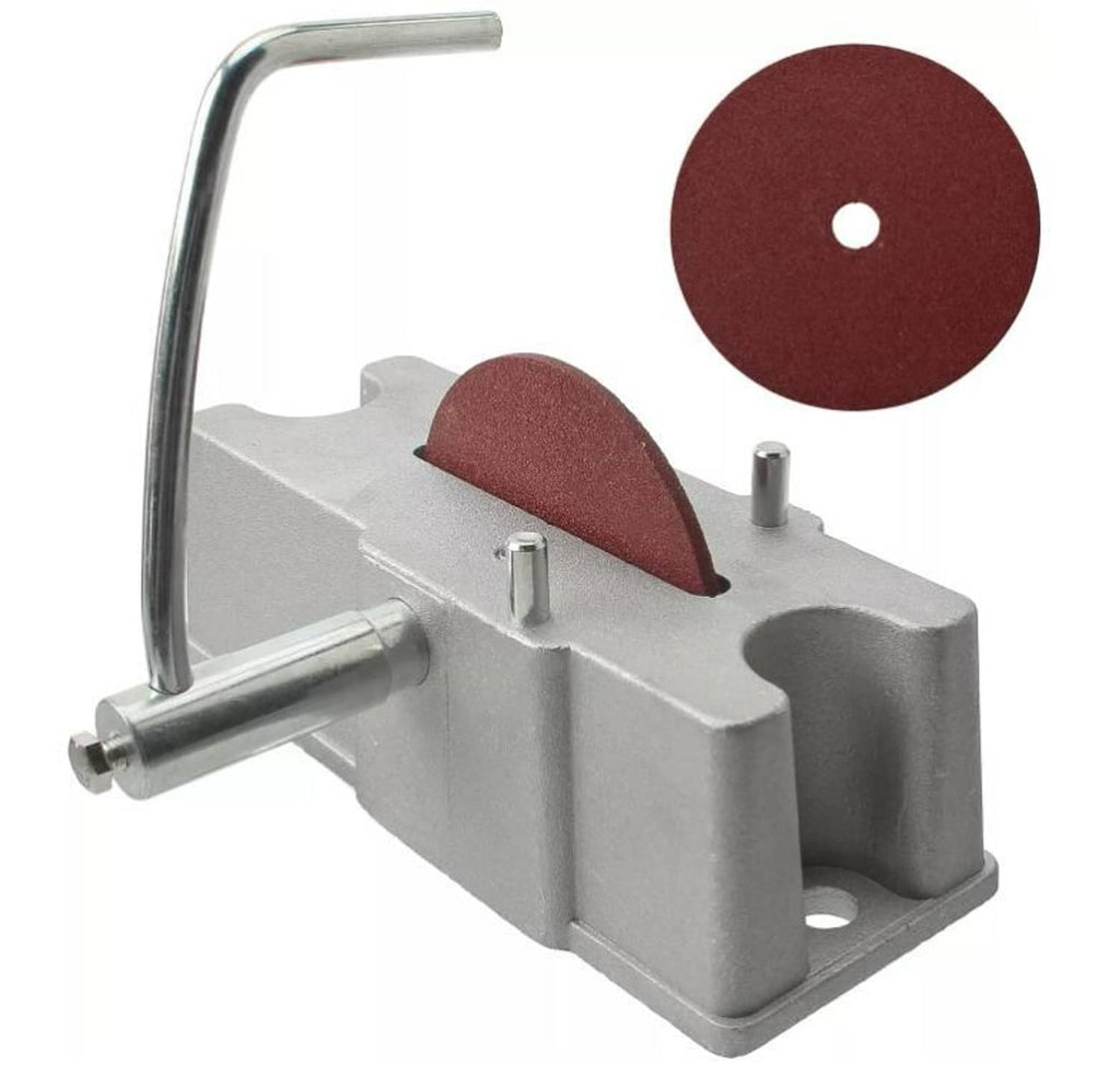 Piston ring filer grinder tool with aluminum base, brown grinding disc, and curved handle