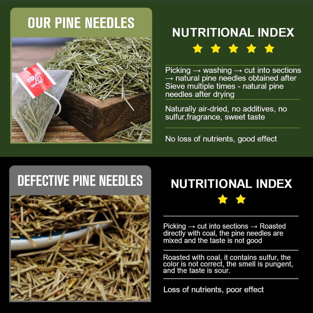 Selection of pine needles for tea and a nutritional index comparison graphic