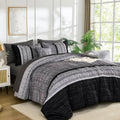 Black and gray comforter set with geometric border and striped pattern, king size