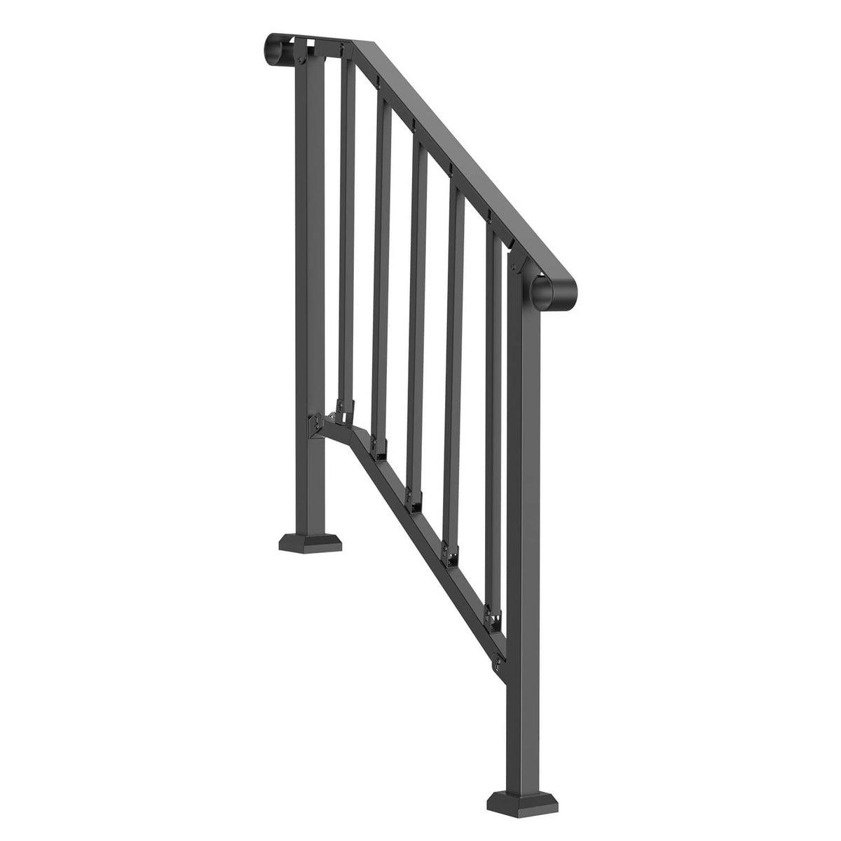 Black outdoor stair handrail with angled top rail, vertical bars, and solid base feet