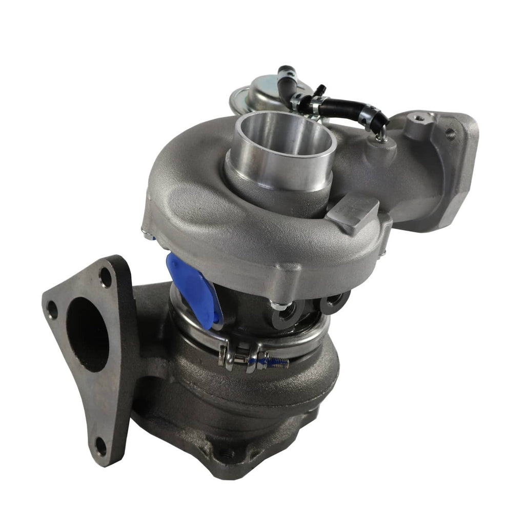 Turbocharger with compressor housing and blue clamp, plus side-mounted outlet flange