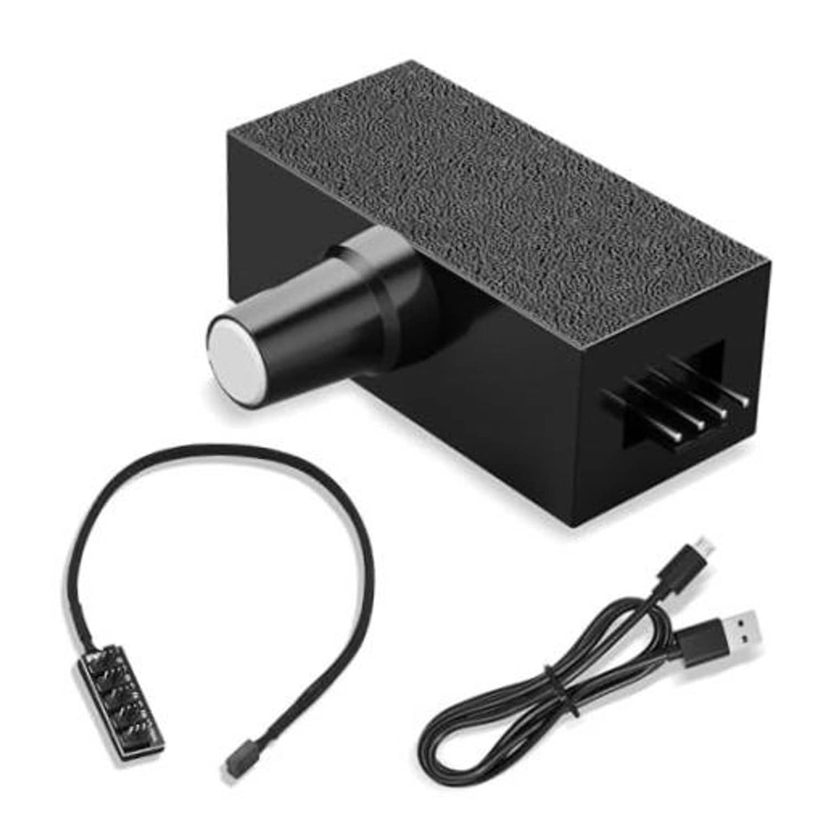 Black PWM fan controller with power lead, split cable, and USB-C connector