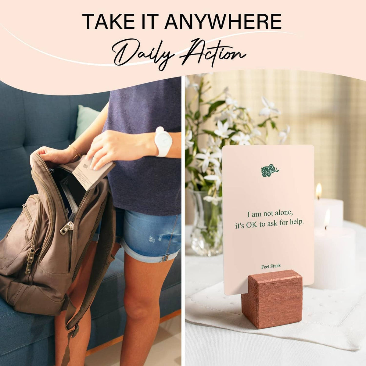 Pink affirmation card on a small wooden stand with “Take it anywhere Daily Action”