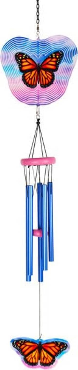 Butterfly wind chime with blue rods, heart-shaped spinner, and hanging butterflies
