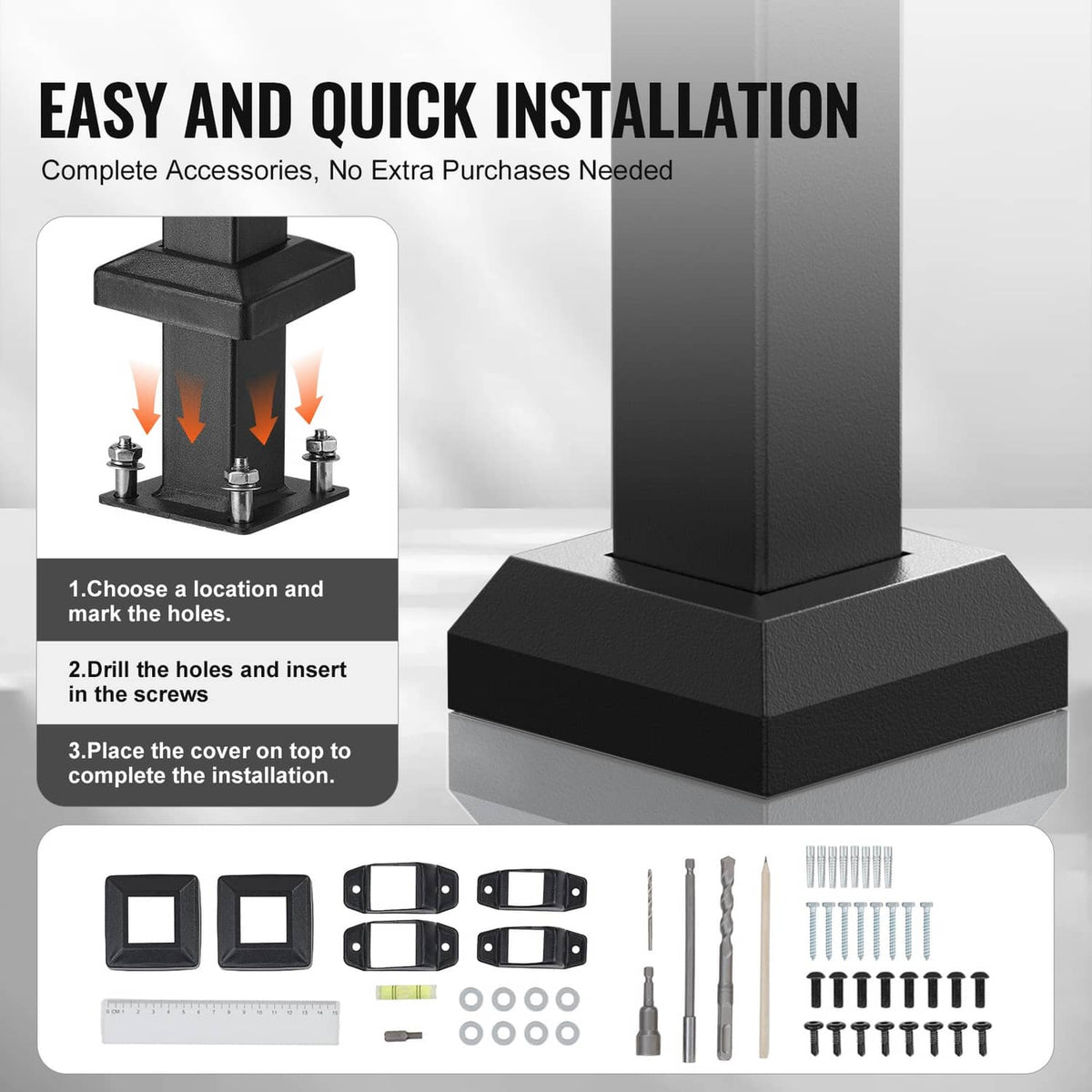 Black stair handrail base with included installation kit and fasteners