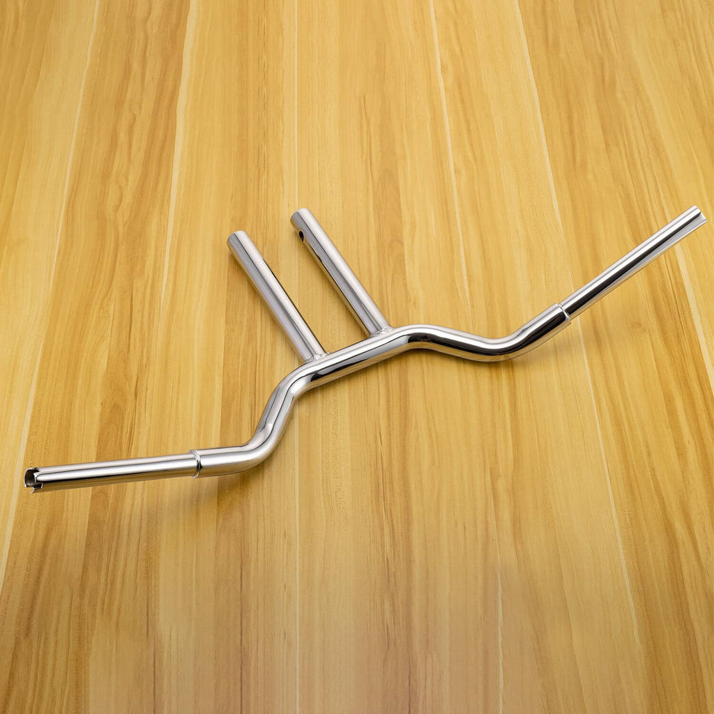 Chrome 14-inch T-bar handlebar with wide bend and pair of fork-mount tubes