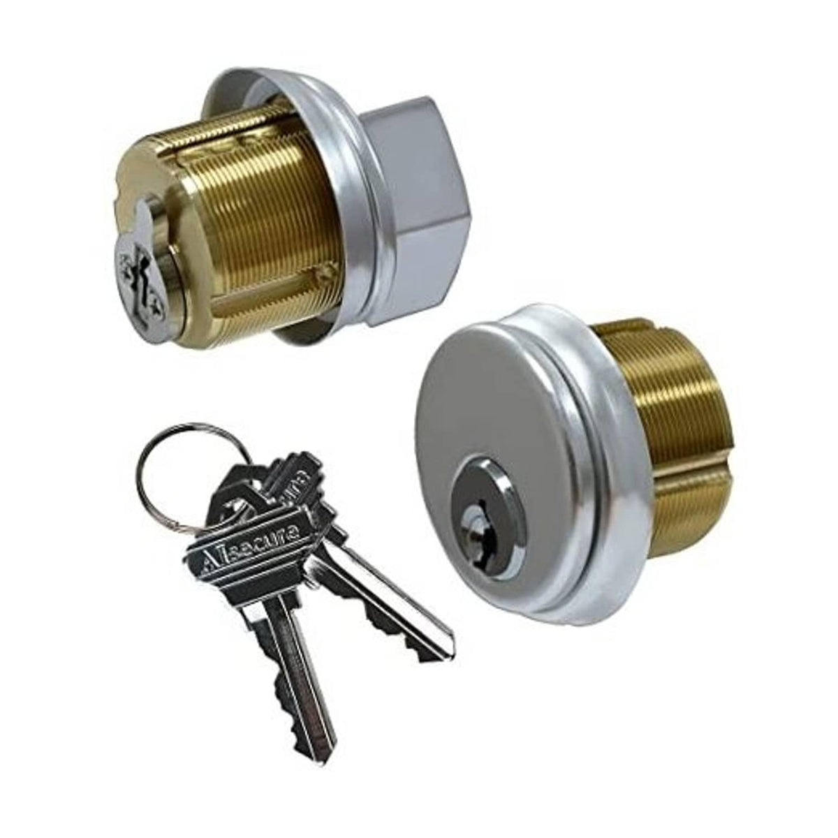 Brass mortise lock cylinder with silver face, thumbturn, and two keys