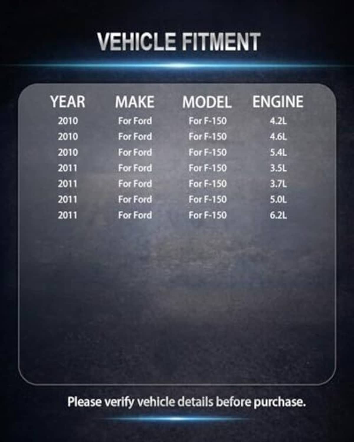 Vehicle fitment chart with year, make, model, and engine table for brake pads