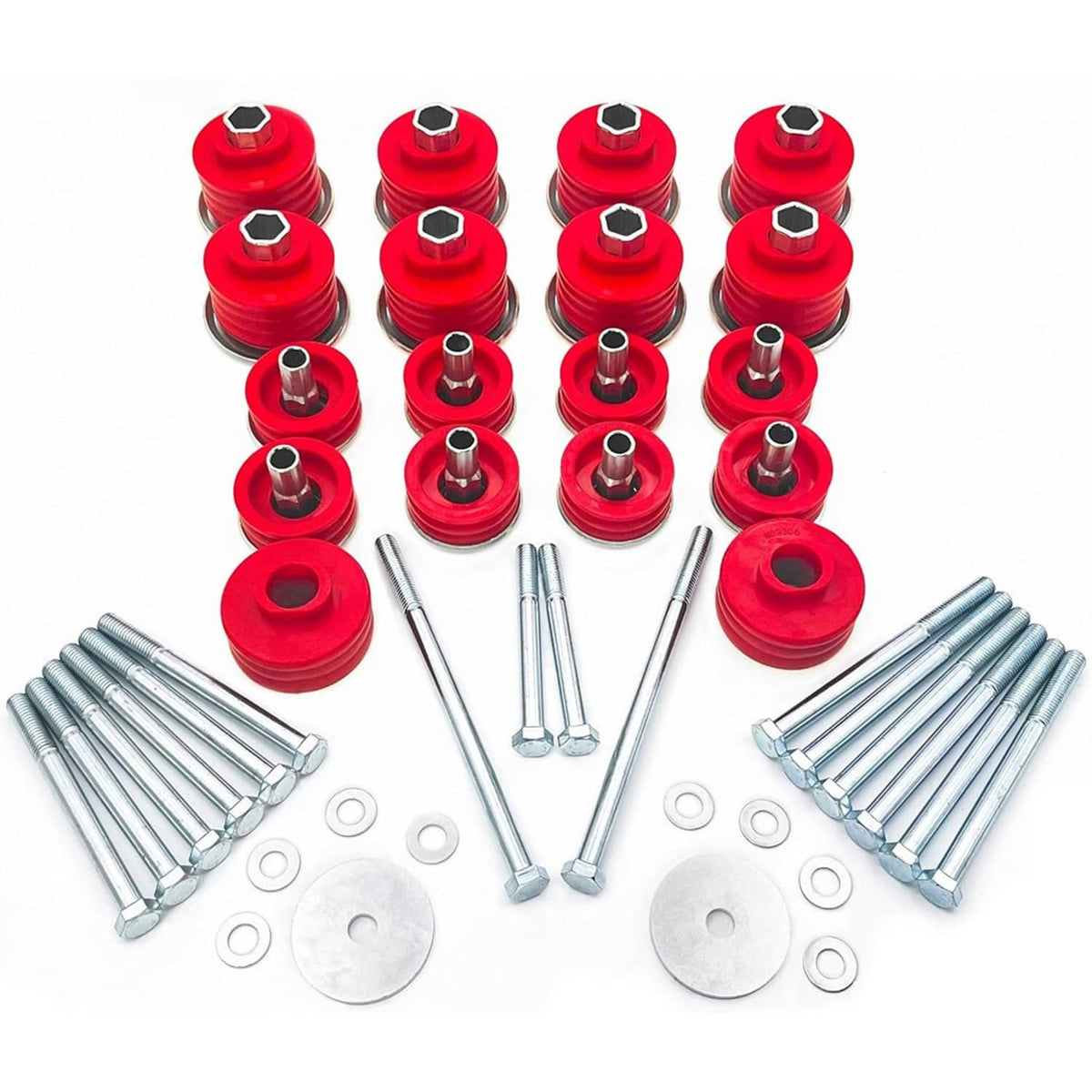 Body cab mount bushing kit with red bushings, hex hardware, and long silver bolts