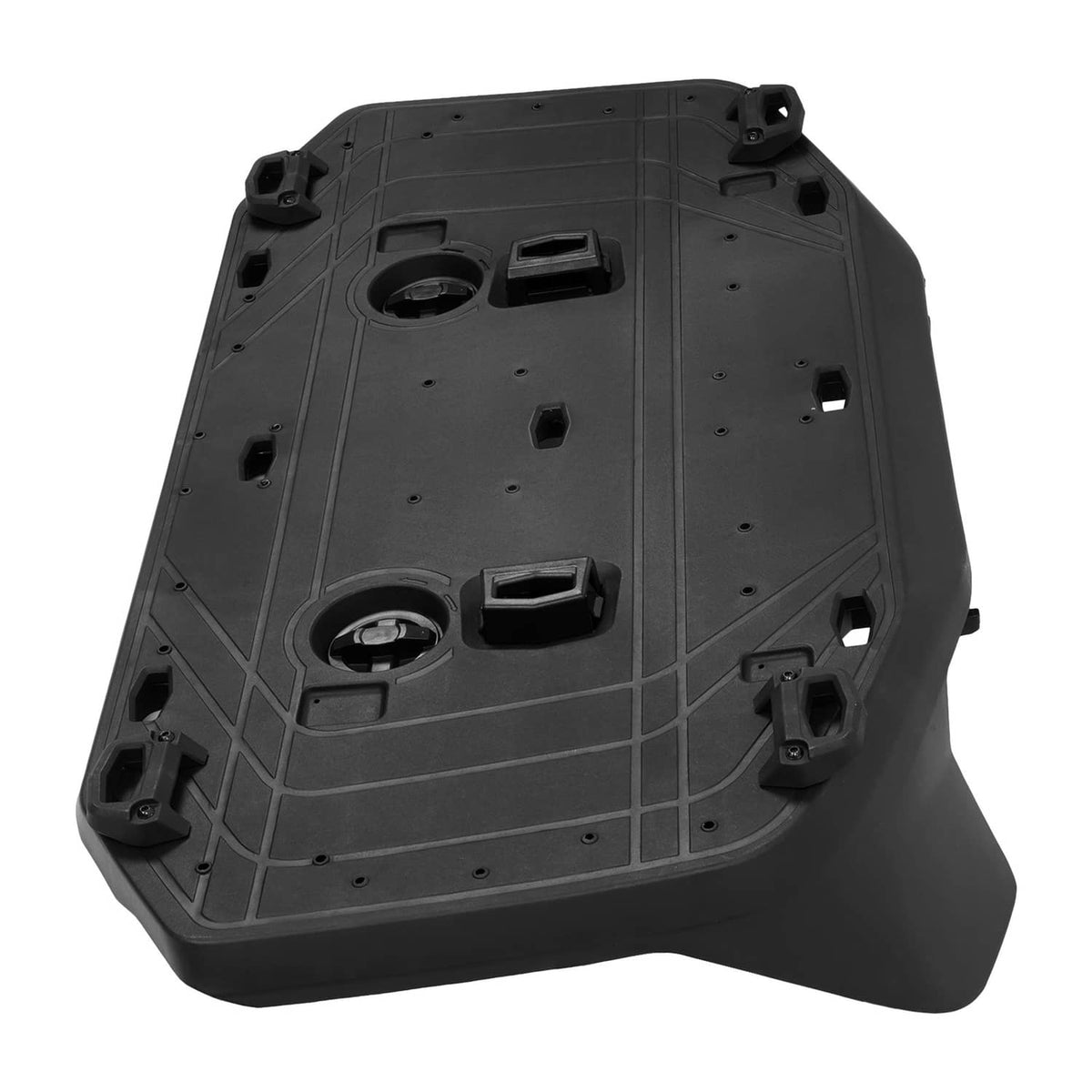 Textured black cargo rack top view with circular ports and rectangular accessory openings