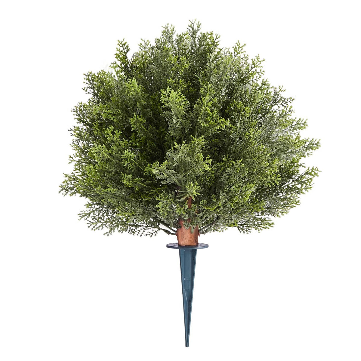 Single artificial cypress topiary tree with dense green foliage, brown trunk, blue ground spike