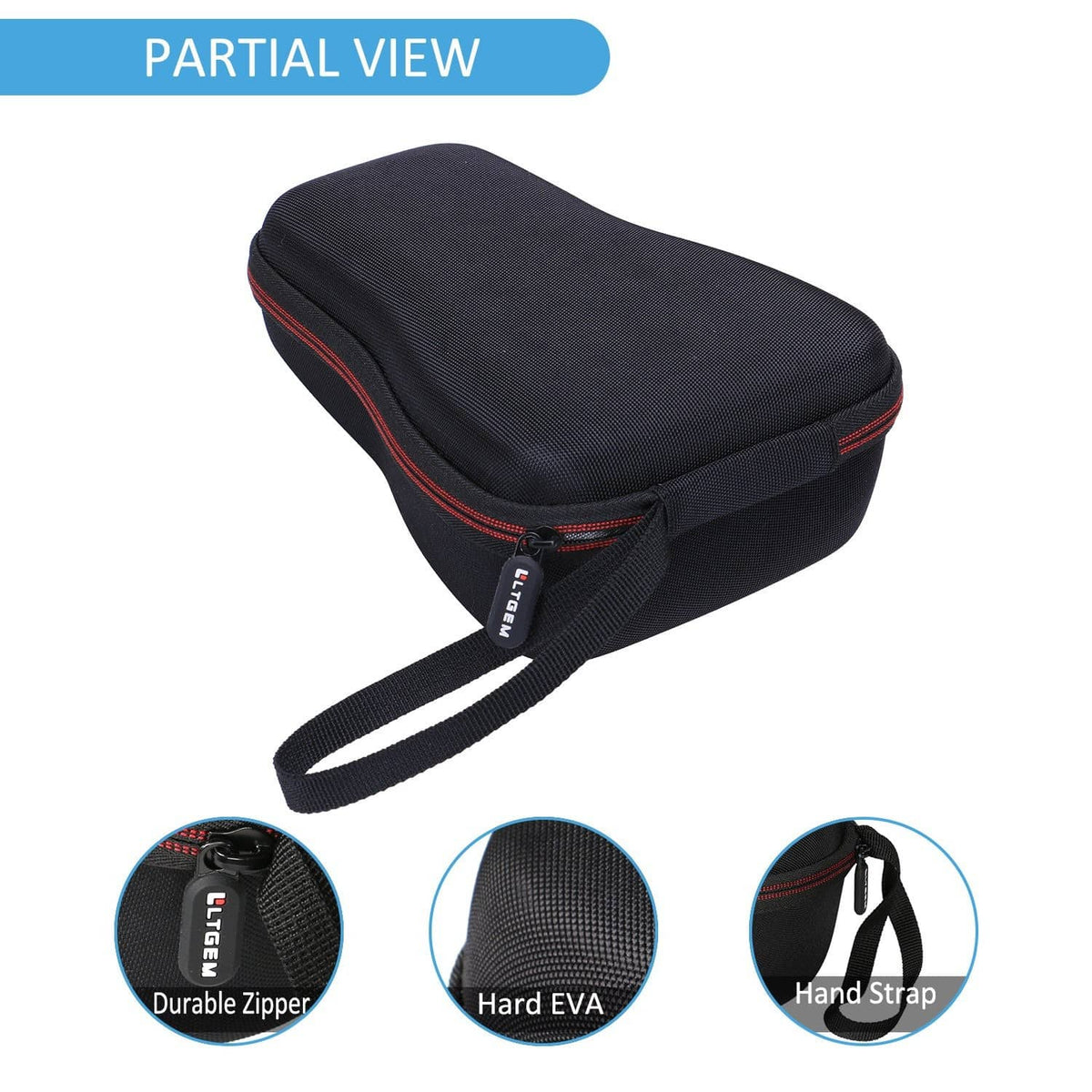 Black hard-shell label printer case with hand strap and red-trim zipper edge