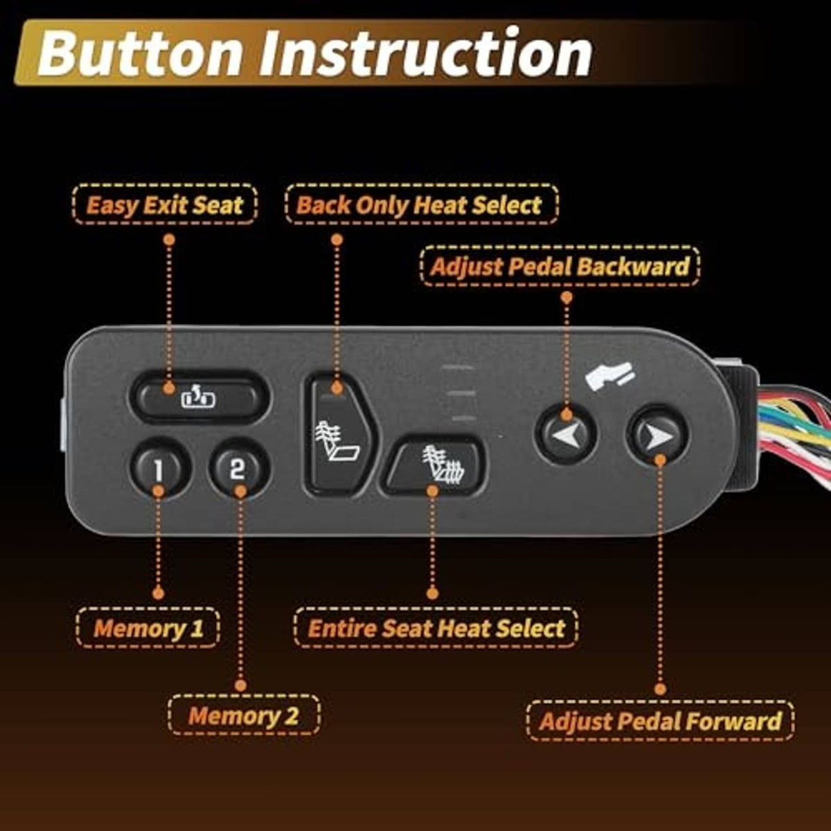 Black seat heater switch with multiple control buttons for seat heat and memory, green plug