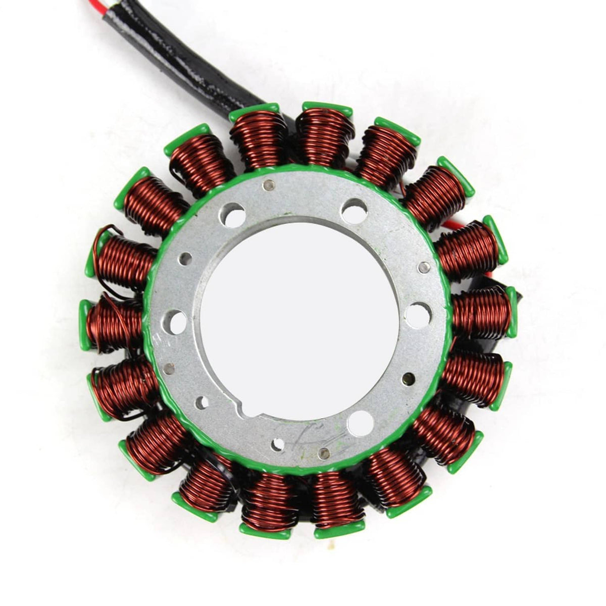 Front view stator coil disc with copper windings and green accents around center hole