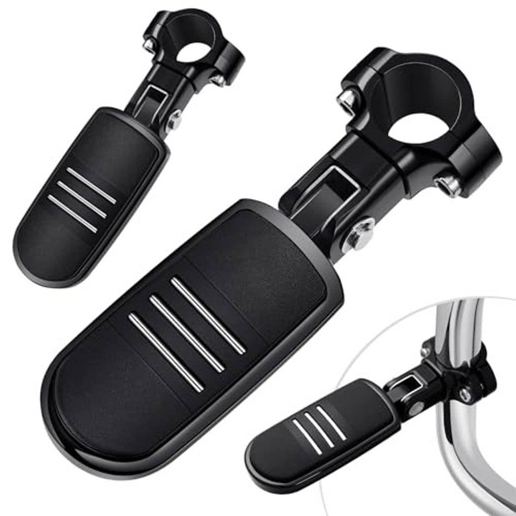 Pair of black motorcycle highway foot pegs with ribbed rubber pads and metal clamp brackets