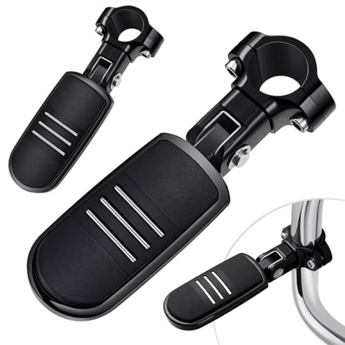 Pair of black motorcycle highway foot pegs with ribbed rubber pads and metal clamp brackets