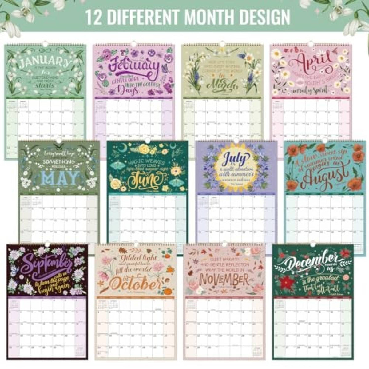 12-month 2027 wall calendar set featuring assorted month cover designs and matching grids