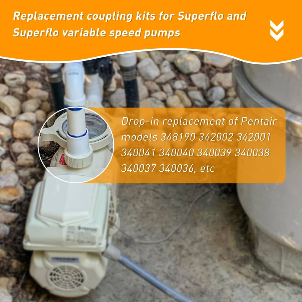 White replacement coupling kit installed on pool pump plumbing with O-ring