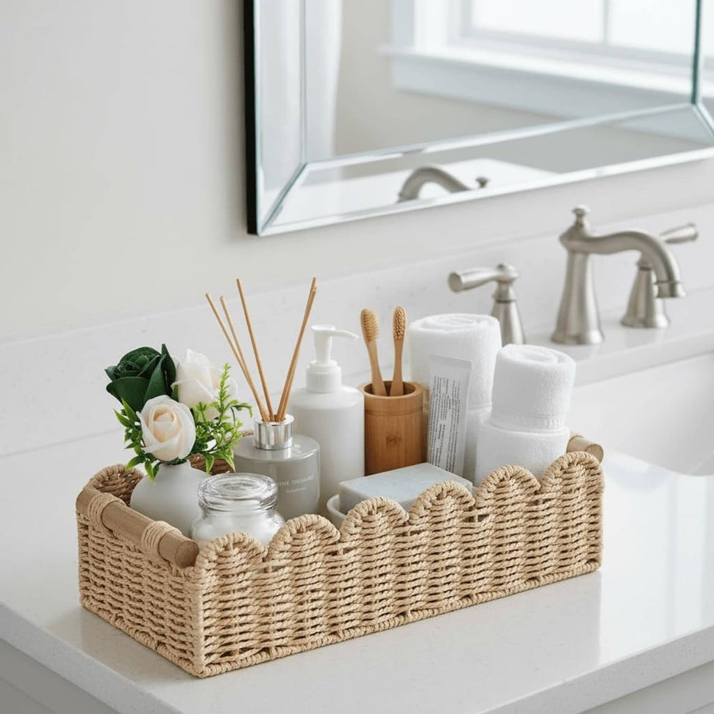 Beige scalloped woven toilet paper storage basket with organizer compartment