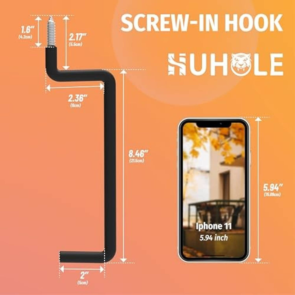 Black screw-in ladder hook for wall mounting with angled base and threaded end